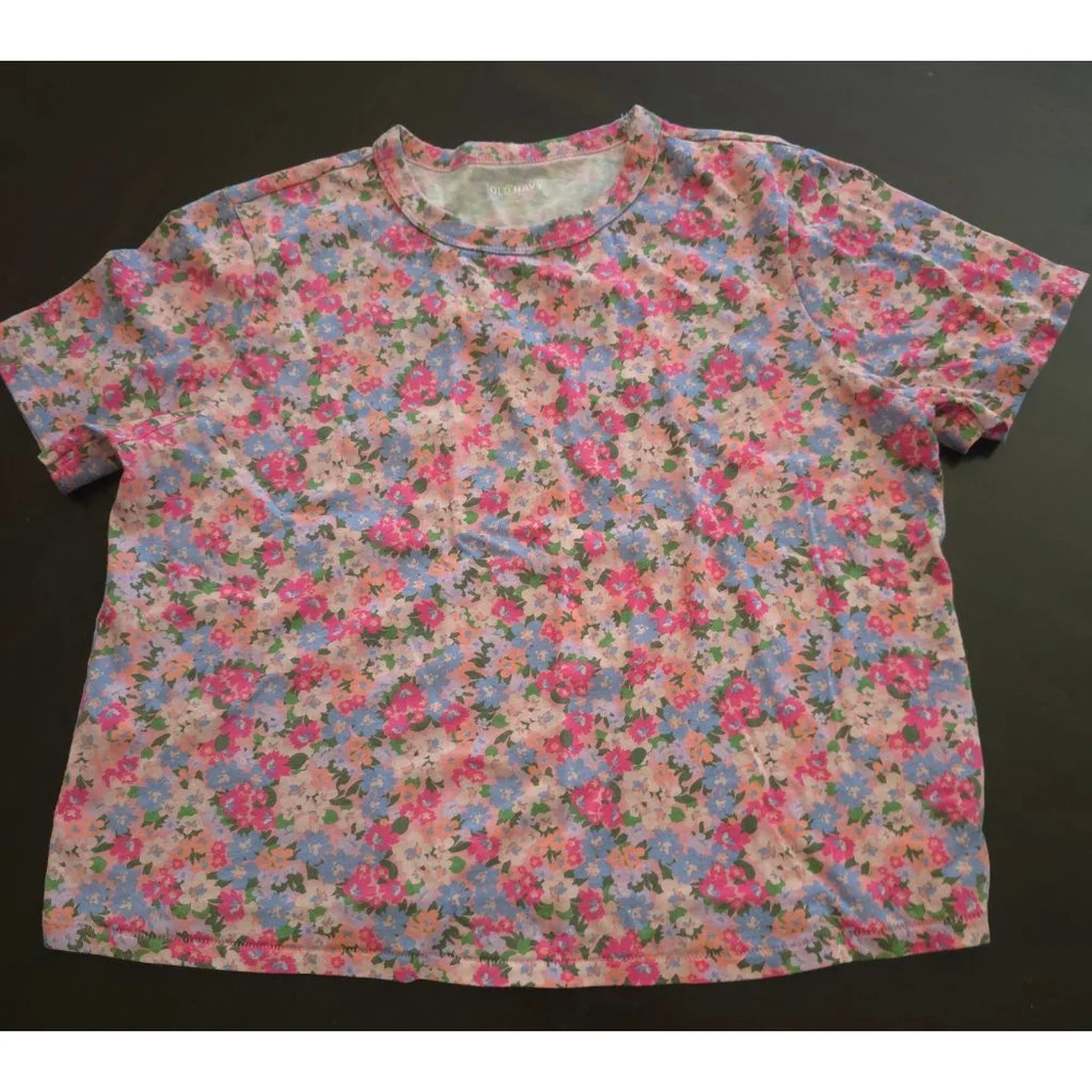 Women's Oversized Floral Print Fairy Cottagecore Short Sleeve Tee S Pink Blue